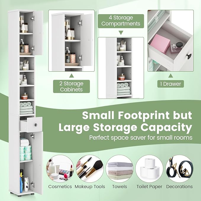 Tangkula Tall Slim Bathroom Storage Cabinet, 71" Freestanding Bathroom Cabinet w/ 2 Doors, 1 Drawer & 5 Adjustable Shelves, Floor Narrow Tower Cabinet for Small Spaces, 8" x 8" x 71" (White)