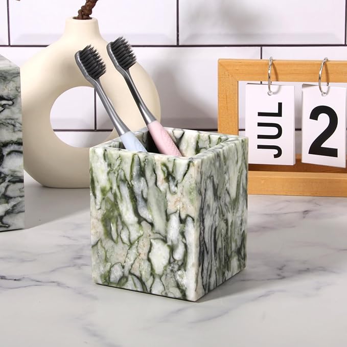 Natural Marble Toothbrush Holder for Bathroom Countertop (8.5x8.5x10cm) - Multifunctional Organizer for Makeup Brushes, Vanity Accessories & Utensils Sink (1, Green Emerald)