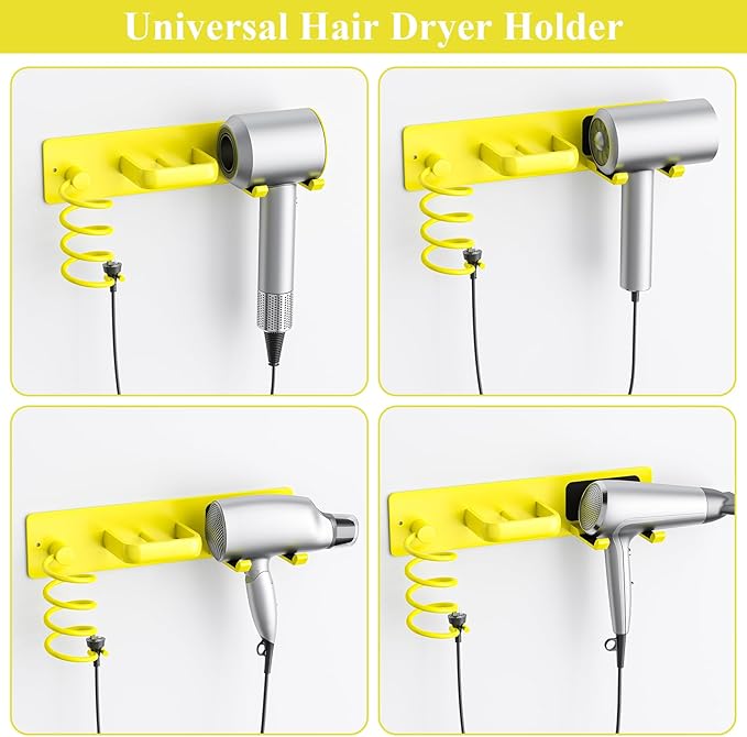 Tindbea Hair Dryer Holder Curling Iron Holder Flat Iron, Blow Dryer Holder Wall Mount, 3 in 1 Bathroom Hair Tool Organizer Rack for Universal Dryer, Bright Yellow