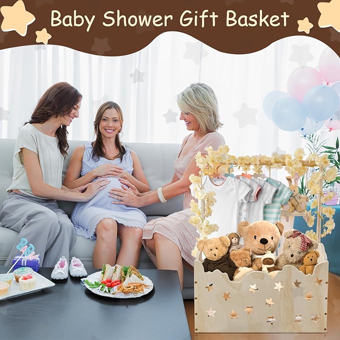 Wooden Baby Shower Crate Closet with Star Design, Hangers & Handle, Large Wooden Crate for Baby Shower Display, Newborn Welcome Basket, Nursery Storage & Decor Organizer