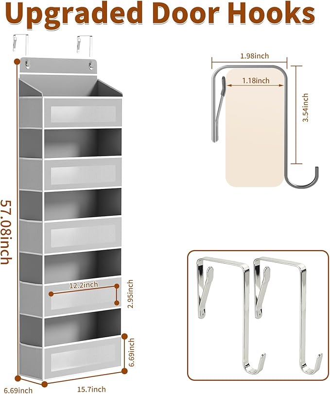 Over The Door Organizer, Over the Door Storage with 5 Large 10 Side Pockets, Hanging Door Organizer 44 lb Load Behind Door Storage, Hanging Shelf for Closet Wall Bedroom Bathroom Nursery, 5-Tier Grey