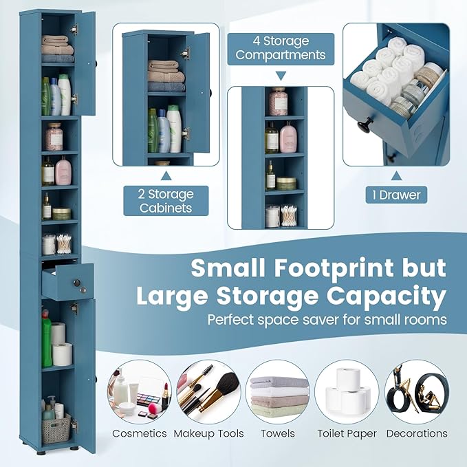 Tangkula Tall Slim Bathroom Storage Cabinet, 71" Freestanding Bathroom Cabinet w/ 2 Doors, 1 Drawer & 5 Adjustable Shelves, Floor Narrow Tower Cabinet for Small Spaces, 8" x 8" x 71" (Blue)