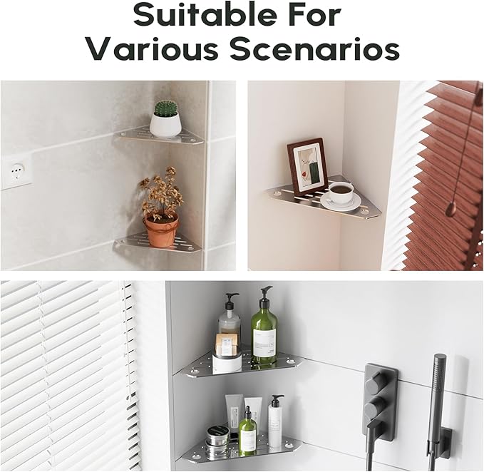 Corner Shelves 10 Inch, Rustproof 316 Stainless Steel, No Drilling Slot Design, Satin Brushed, Pentagonal Floating Bathroom Shelf for Tiled Wall, Corner Shower Caddy Organizer Rack