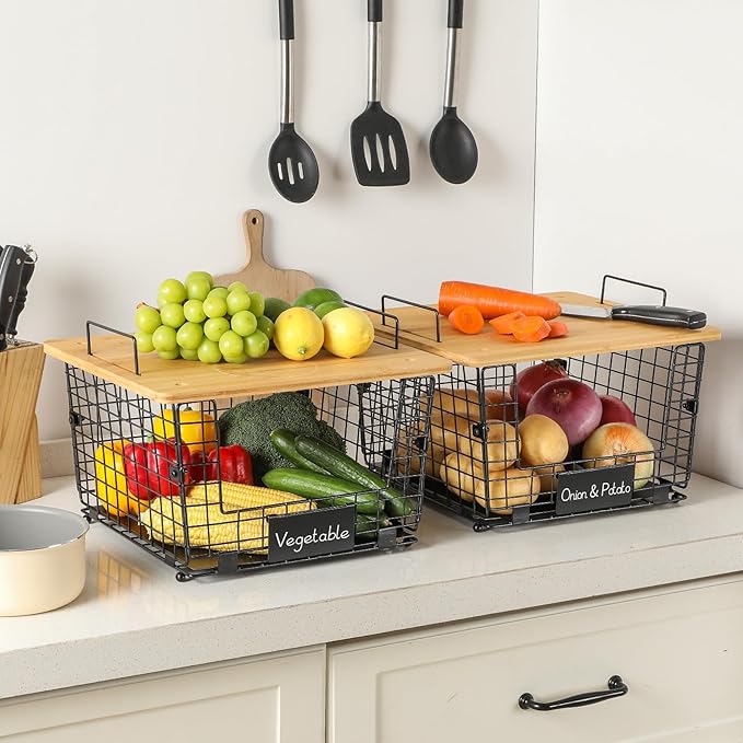 2 Set XXL Stackable Wire Basket with Bamboo Tops & Tag- Pantry Organizer and Storage Bins, Kitchen Counter Cabinet Shelf Countertop Under Sink Organizing, Food Snack Produce Onion Potato Bread Storage