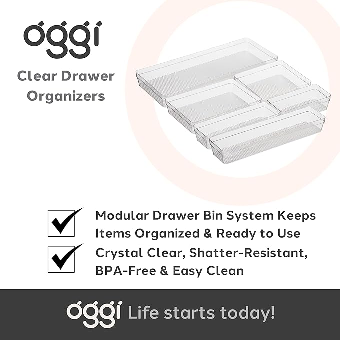 Oggi Clear Drawer Organizer - 3" X 6.25"- Ideal for Organizing Kitchen Drawers, Office, Desk, Silverware, Kitchen Utensils, Cosmetics and Bathrooms