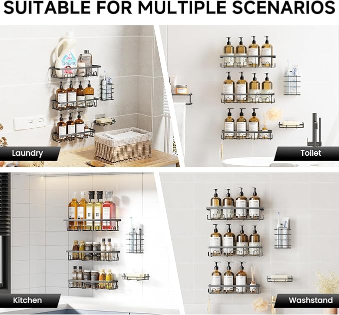 Shower Caddy, 5 Pack Shower Shelves for Inside Bathroom, Rustproof Adhesive Bathroom Organizer with Soap Holder, No Drilling Washroom Organizers and Storage for Bathtub Room/Kitchen, Matte Grey