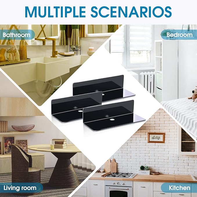 Maitys 8 Pcs Acrylic Floating Shelves 9 Inches Adhesive Wall Mounted Shelves No Drill Hanging Acrylic Wall Display for Living Room Bathroom Bedroom Kitchen Office(Black)