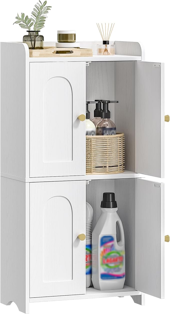 HEXCELEN Small Storage Cabinet, Bathroom Storage Cabinet with 4 Doors, Floor Bathroom Organizer Freestanding for Small Spaces, Living Room, Kitchen, Entryway (Mediterranean, White)