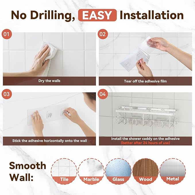 YASONIC Shower Caddy Adhesive, 5 Pack Rustproof Bathroom Shower Organizer, No Drill Shower Shelves for Inside Shower with Soap and Toothbrush Holder, Large Capacity Bathroom Storage, Silver