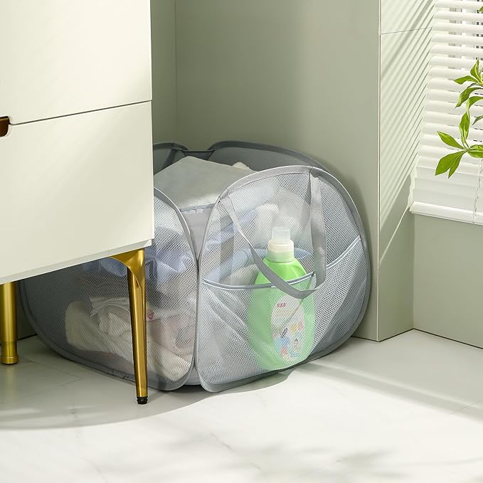 TECHMILLY Collapsible Mesh Pop Up Laundry Hamper with Strong Handles, Large Opening Clothes Hamper with Side Pockets, Storage Baskets for Dorm, Laundry Room, Bathroom or Travel (Grey, 90L)