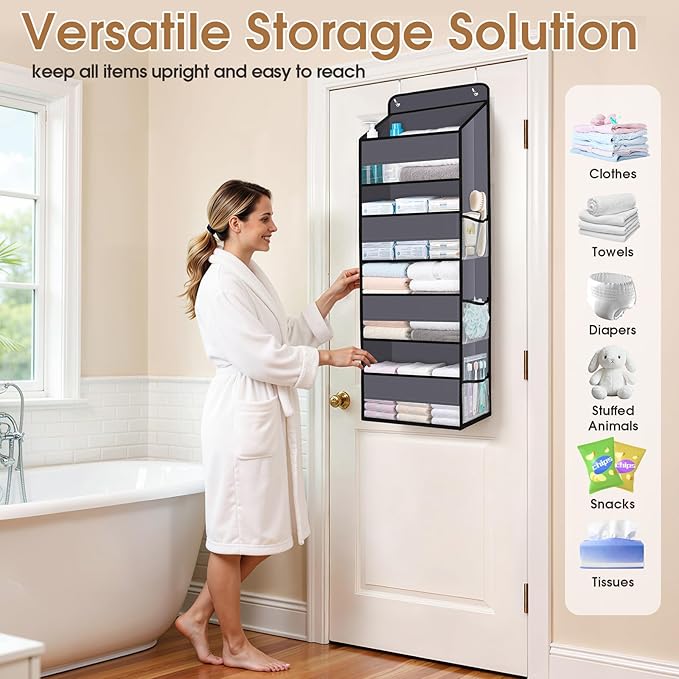 WISELIFE Over The Door Organizer Storage with 4 Large Pockets Door Hanging Organizer with Clear Windows behind The Door Storage for Nursery Bedroom Bathroom Pantry Closet and Baby Essentials Dark Grey