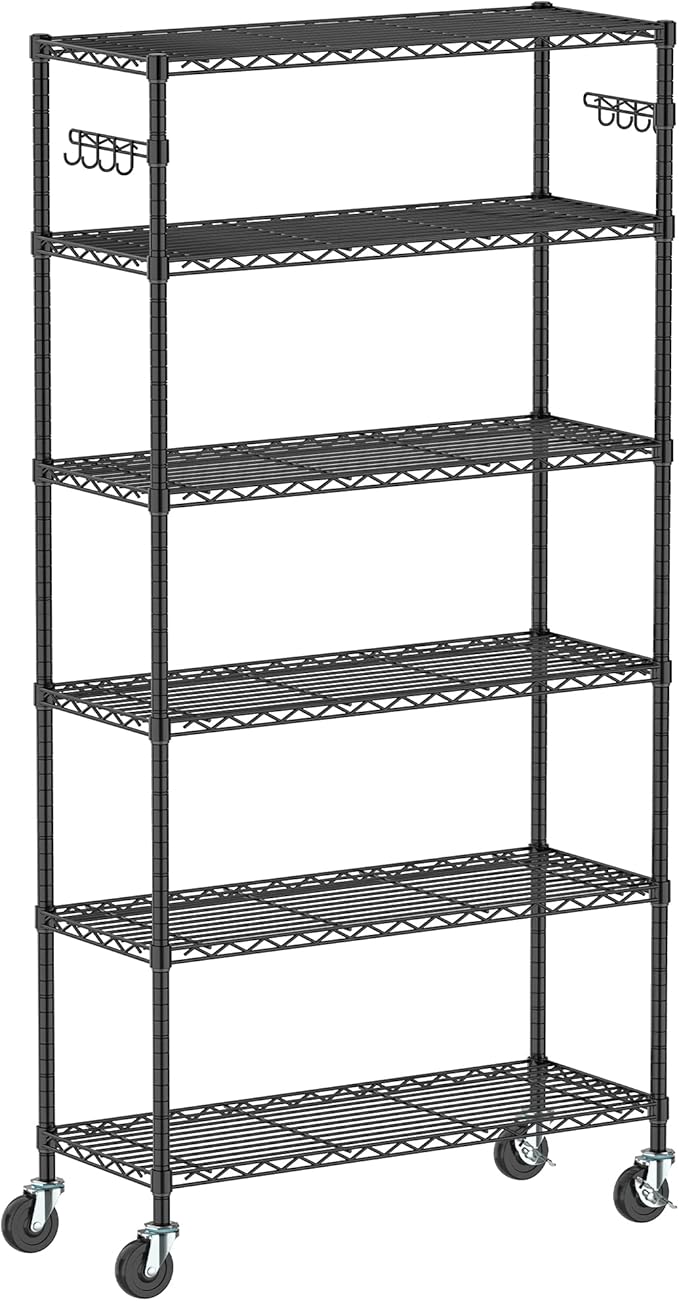 Folews 6-Tier Metal Storage Rack with Wheels, NSF Sturdy Adjustable Wire Shelving Unit for Garage Kitchen Pantry Laundry Room, 36" W x 14" D x 75" H Large Rolling Organizer Shelf Easy Assembly, Black