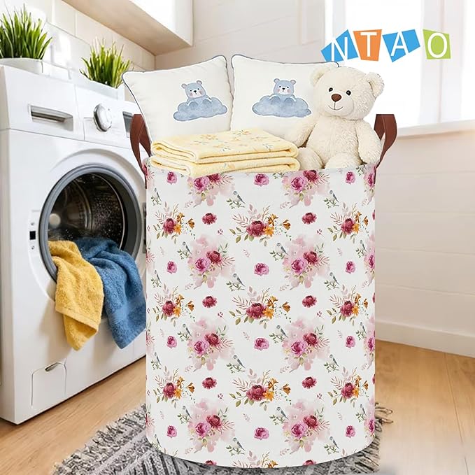 NTAOHAMPER Retro Pink Floral Large Laundry Hamper,Laundry Basket,Baby Nursery Hamper,Waterproof Storage Bin,Clothes Organizer Basket,Room Decor(Retro Pink Floral)