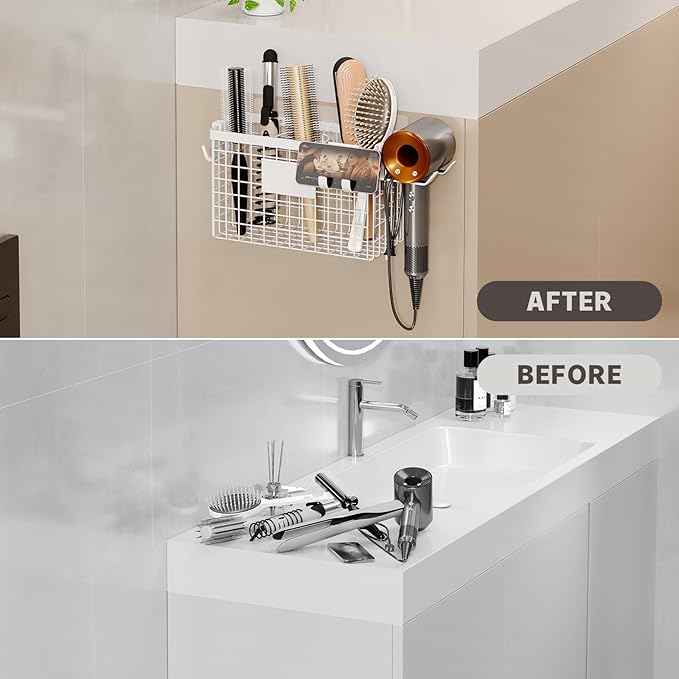 Magheo 2 Pack Hair Tool Organizer,Adhesive Hair Dryer Holder Cabinet Door/Wall Mounted Adjustable Height Blow Dryer Holder Under Sink Bathroom Hair Appliance Organizer and Storage Countertop(White)