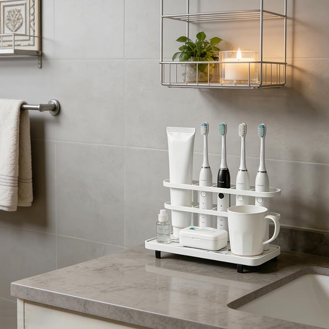 Diatomite Toothbrush Holders for Bathrooms, 5 Slots Electric Toothbrush Organizer with Instant Drying Stone, Toothpaste Holder and Storage for Countertop, Bathroom Counter Organizer White