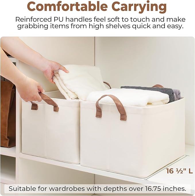 StorageWorks Fabric Storage Bins, Large Storage Baskets for Shelves, Closet Organizers and Storage Bins with Metal Frame, Handles, Natural Color, 2-Pack