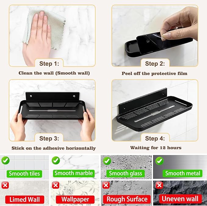 ACEXINYAN Wall Mounted Floating Shelf, Self Adhesive Shelf, No Drill Adhesive Wall Shelf, Floating Shelves Damage-Free Expand Walls Space for Living Room Kitchen Bathroom (4, Black)