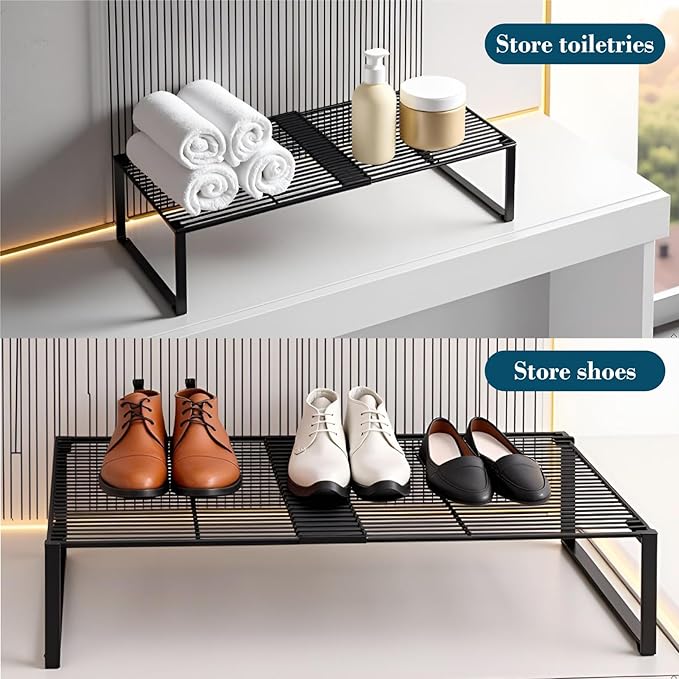 Extendable Metal Wire Shelf Organizer - Adjustable 15-24.4in Length, Stackable Storage Rack for Kitchen/Pantry/Bathroom/Shoe Cabinet/Tool Closet (1, White)