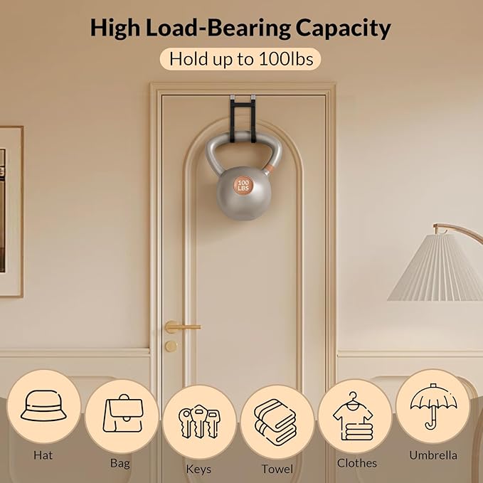 2 Pack Over The Door Hooks, 100 LBS Heavy Duty Metal Hanger with Non-Slip Rubber for Clothes, Towels & Hat, Rustproof Bathroom Organizer Fits Interior Doors Up to 1 3/8"