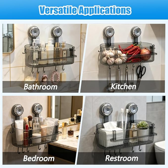 Abnaok 2026 Upgraded Bathroom Suction Storage Box, No Drill Bathroom Shelves with Drain Holes, Towel Rack, and Hooks, Load-Bearing, Removable Suction Cup Shower Caddy for Bathroom, Kitchen