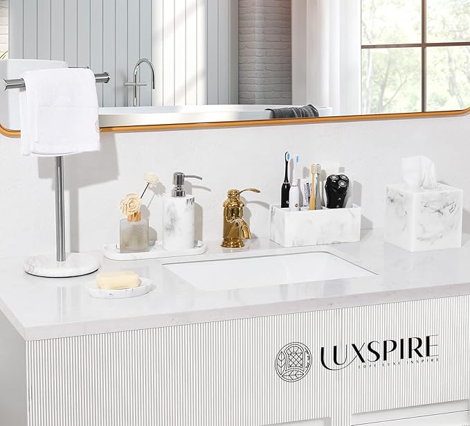 Luxspire Toothbrush Holder for Bathroom, 5 Slots Bathroom Counter Organizer Marble Toothbrush and Toothpaste Holder, Accessories for Restroom Bathroom - Gravel White