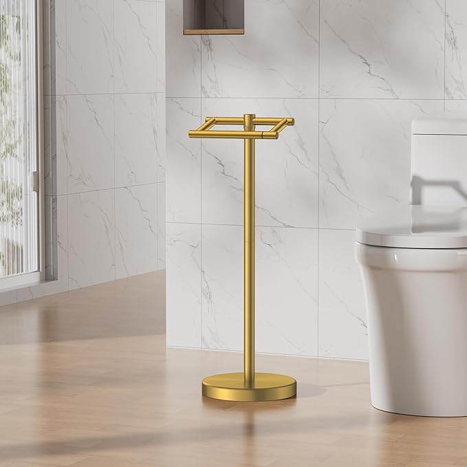 FORIOUS Toilet Paper Holder Wall Mount, Stainless Steel Rustproof Double Post Pivoting Tissue Roll Holder for Bathroom, Commercial Toilet Paper Dispenser Toilet Paper Stand, Brushed Gold