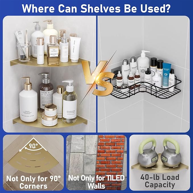 2 Pack Corner Shower Shelves Load Capacity 40 lbs 304 Stainless Steel Shower Corner Shelf Will not Rust 8in Shower Shelf for Inside Shower Brushed Gold Drilling Installation