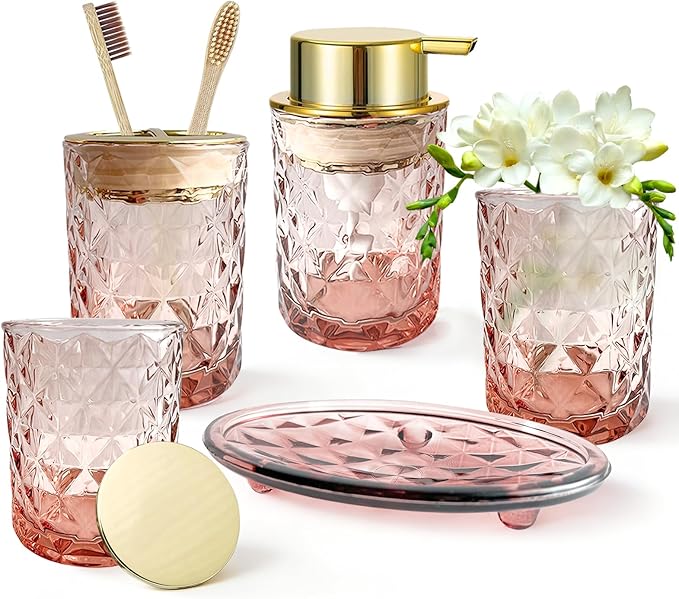 5PCS Bathroom Accessory Set,Brown Bathroom Countertop Organizer Set with Soap Dispenser, Toothbrush Holder, Tumbler, Q-tip Holder & Soap Dish,Elegant Functional Glass Set, Gift for Home & Apartment