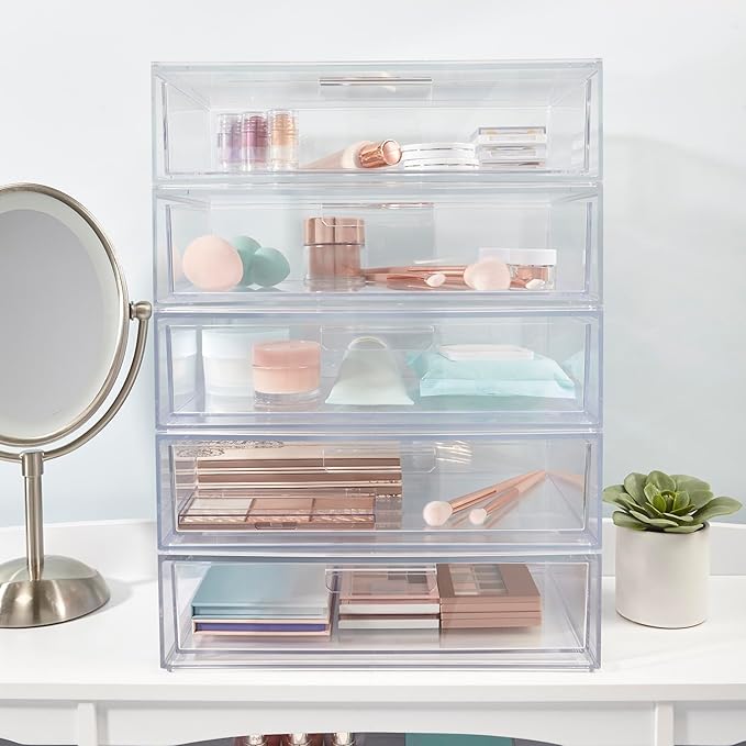 STORi Audrey Stackable Clear Bin Plastic Organizer Drawer | Organize Eyeshadow Palettes, Cosmetics, and Beauty Supplies on a Vanity | Made in USA