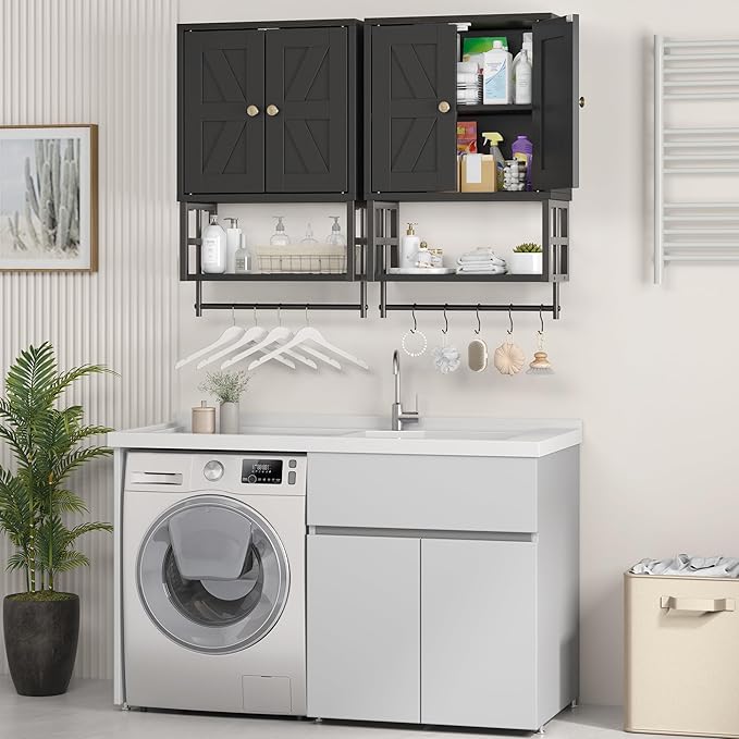 Farmhouse Medicine Cabinet - 3-Tier Wall Mounted Storage Organizer with Adjustable Shelves, Towel Bar, 5 Hooks for Small Bathroom, Laundry Room, Over Toilet, Living Room, Bedroom, Black
