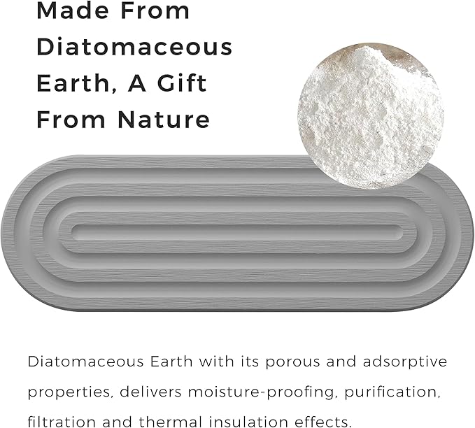 JUKER Premium Diatomaceous Earth Tray Coasters 12" x 4", Quick Dry Absorbent Stone Mat with Non-Slip Silicone Base, Bathroom Sink Caddy, Kitchen Soap Holder, Vanity Organizer, Gray
