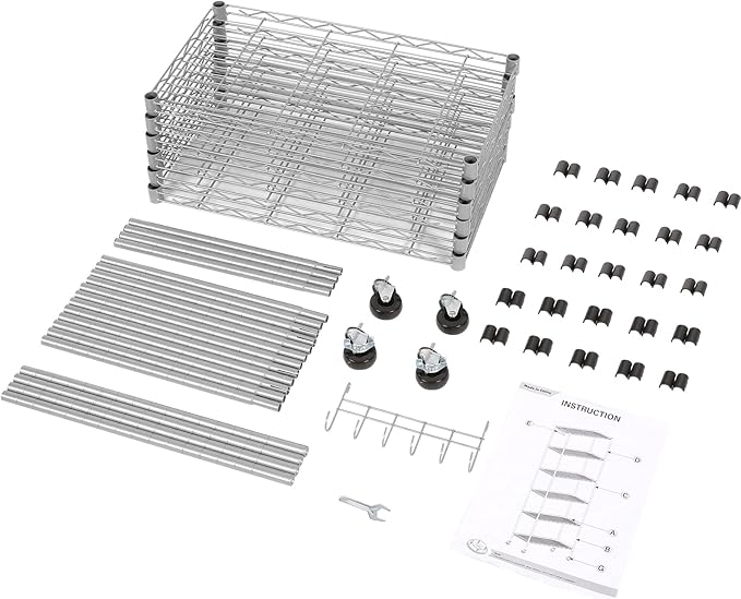Homdox 6-Tier Storage Shelf Wire Shelving Unit Free Standing Rack Organization with Caster Wheels, Stainless Side Hooks, Silver Gray | Rack Organization