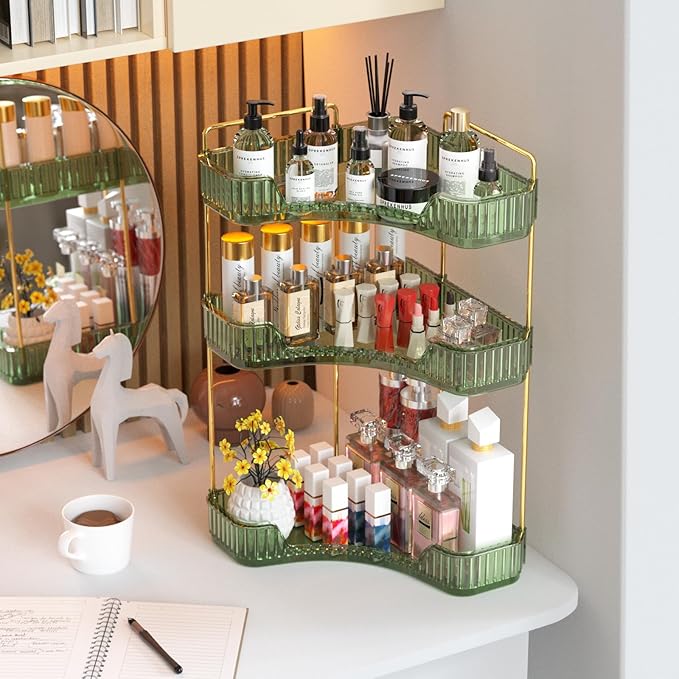 GTI 3-Tier Corner Bathroom Counter Organizer, Large Capacity Makeup Organizer Countertop, Perfume Cosmetics Skincare Vanity Organizers, Exquisite Countertop Storage for Women (Green)