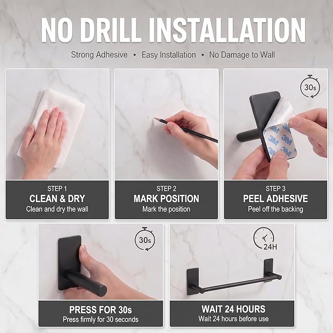 Songtec Adhesive Towel Bar Black 16-Inch, Stick On Bath Towel Rack No Drill, Strong Adhesion Tape Mount Towel Holder, Stainless Steel - Black