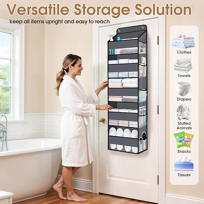 WISELIFE Over the Door Organizer Storage with 5 Large Pockets and Clear Windows, Hanging Organizer for Nursery Bedroom Bathroom Pantry Closet and Baby Essentials, Dark Grey