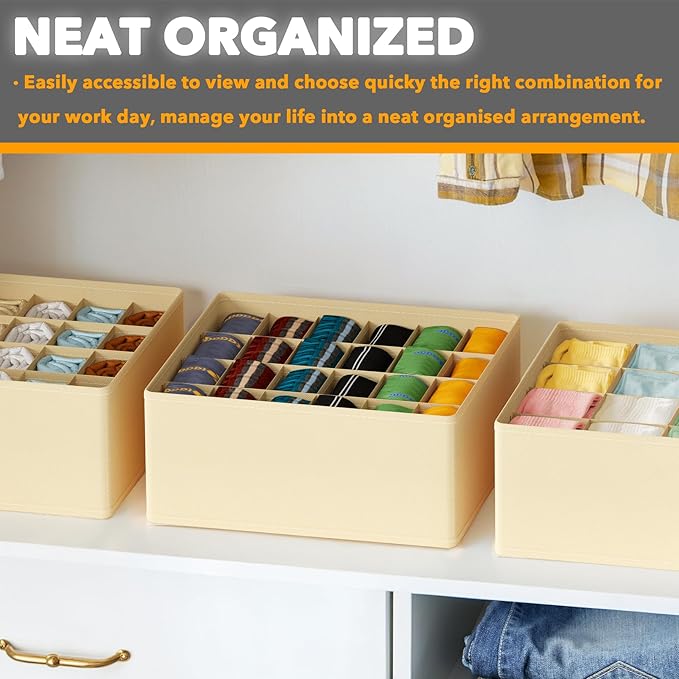 SpaceAid Sock Drawer Organizer Divider 3 Pack, 64 Cell Dresser Closet Nursery Underwear Organizers Storage Bins for Organizing Socks Underwear Ties Belts (Beige)