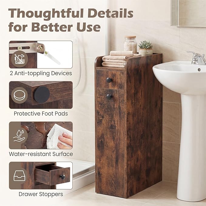 Tangkula Slim Bathroom Storage Cabinet, 4-Tier Narrow Small Side Storage Cabinet Next to Toilet, Slide Out Drawers on Casters, Floor Organizer Toilet Paper Holder for Small Spaces (Rustic Brown)