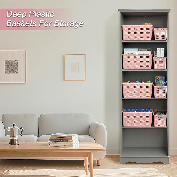 Soddeph Slim Plastic Storage Basket with Handles, Narrow Organizer box for Shelves, Organizer box for Organizing, Kitchen,Home,Office (Pink, Medium)