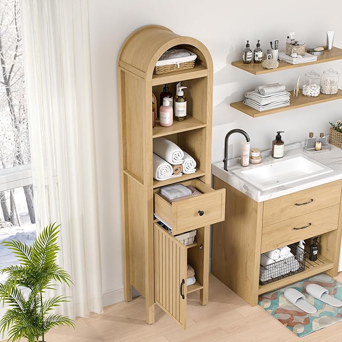Lxsxlome 64" Tall Bathroom Storage Cabinet with Adjustable Shelves,Tall Narrow Arched Freestanding Tower Cabinet with Fluted Doors and Drawers,Space Saving Organizer for Bathroom Living Room (Oak)