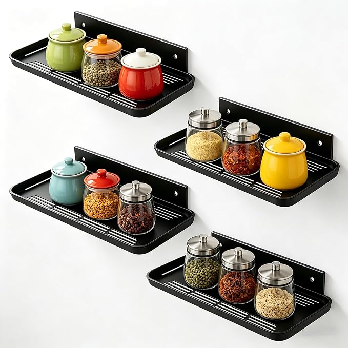 FAYYGYH Adhesive Floating Shelves No Drill Floating Shelf for Wall Storage Damage-Free Wall Mounted Organizer for Bathroom, Kitchen, Bedroom & Office (Black, 4 PCS)