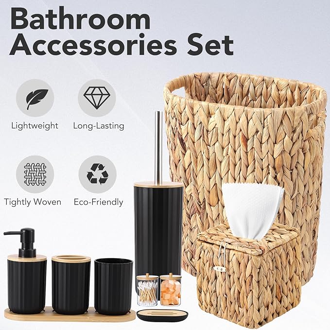 Bathroom Accessory Set, 10 Pieces Bath Set- Wicker Trash Can Tissue Box Soap Dish Toothbrush Holder Rinse Cup Lotion Bottle Toilet Brush Qtip Holder - Practical Bathroom Decor Sets (Ratten Black)