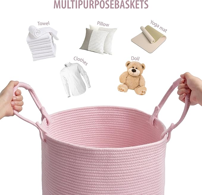 Laundry Basket – Laundry Hamper for Clothes, Blankets, Yoga Mat – Woven Cotton Rope Basket for Living Room, Nursery Room – Boho Style – 15”D x 18”H – Light Pink