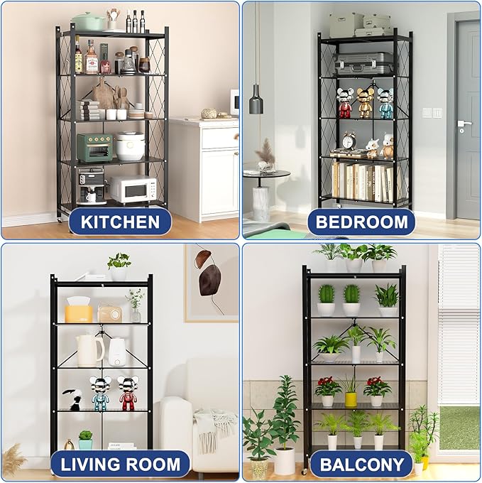 Storage Shelves, 5-Shelf Closet Organizers and Storage Foldable Metal Shelving Units 28.3" W x 13.35" D x 63" H for Garage Kitchen Bakers, Collapsible Organizer Rack, Heavy Duty on Wheels