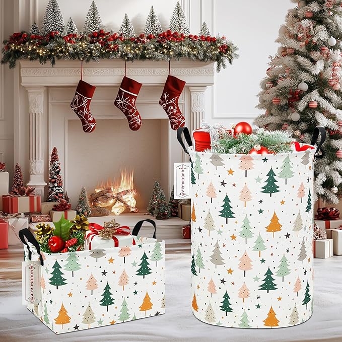 QUEENLALA Rectangular Laundry Hamper/Foldable Nursery Laundry Basket for Organizing/Storage Bin Baskets/Children Toy Office Bedroom/Toy Bin Closet Shelf Baskets(Rec-Pine tree)