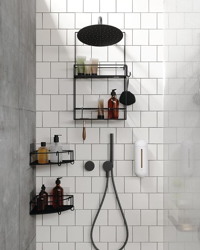 Umbra Cubiko Shower Corner Shelf, Metal Floating Shelves with Adhesive Mounting Strips, 2-Pack, Black
