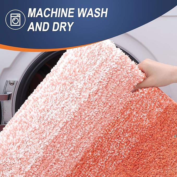 OLANLY Bathroom Rug Set 2 Piece, Soft Absorbent Microfiber Bath Rug Set, Non-Slip, Machine Wash Dry, Plush Shaggy Bath Mats for Bathroom (47"x20"+24"x16", Coral)