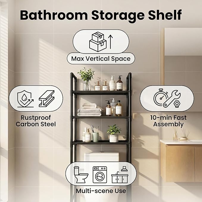 Renyqatt Over the Toilet Storage, 3-Tier Bathroom Organizer, Freestanding Above Toilet Shelf with Adjustable Feet, Space Saving, Easy Assembly, Carbon Steel Shelf, 61" H, Black