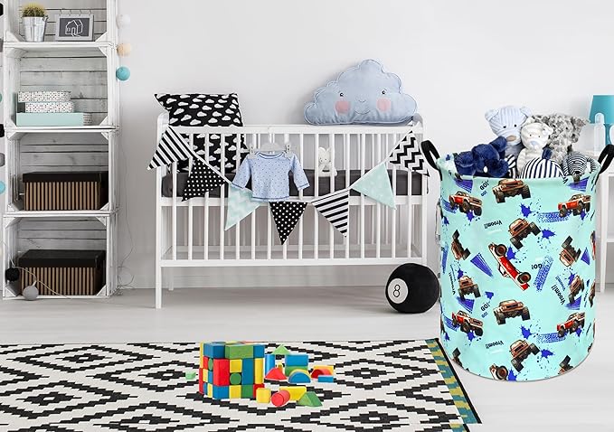 Round Car Truck Laundry Hamper Storage Basket Fabric Material Storage Hamper Organization Basket, Storage Bin, Gift Box with Handles for Room