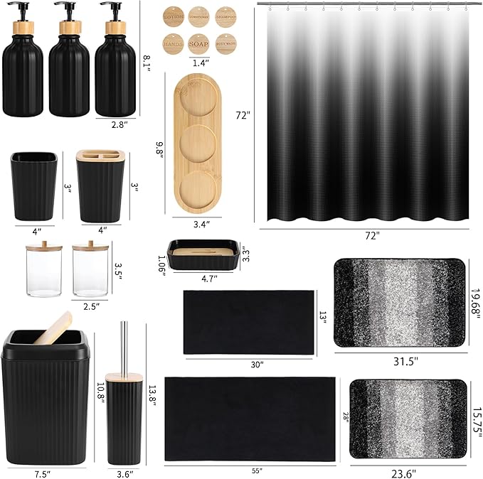 34PCS Bathroom Accessories Set with Shower Curtain,Rugs,Bath Towel,Trash Can,3PCS Lotion Soap Dispenser,Toothbrush Holder,Soap Dish,Tumbler Cup,6PCS Wood Tags Bath Accessories with Tray for Bathroom