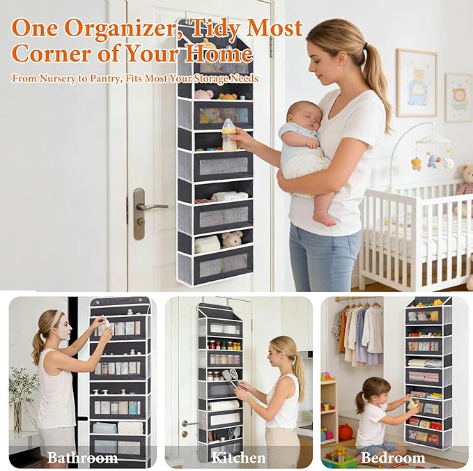 Over the Door Organizer 5-Tier, Heavy Duty Behind Door Storage, Anti-Tilt Capacity, Door Hanging Organizer with Clear Window for Closet, Bathroom, Nursery, Bedroom, Pantry, Shoe Diaper (Dark Gray)